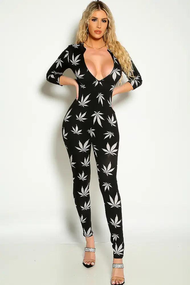 Black White Herbal Leaf Long Sleeve Front Zipper Jumpsuit - AMIClubwear