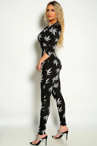 Black White Herbal Leaf Long Sleeve Front Zipper Jumpsuit - AMIClubwear