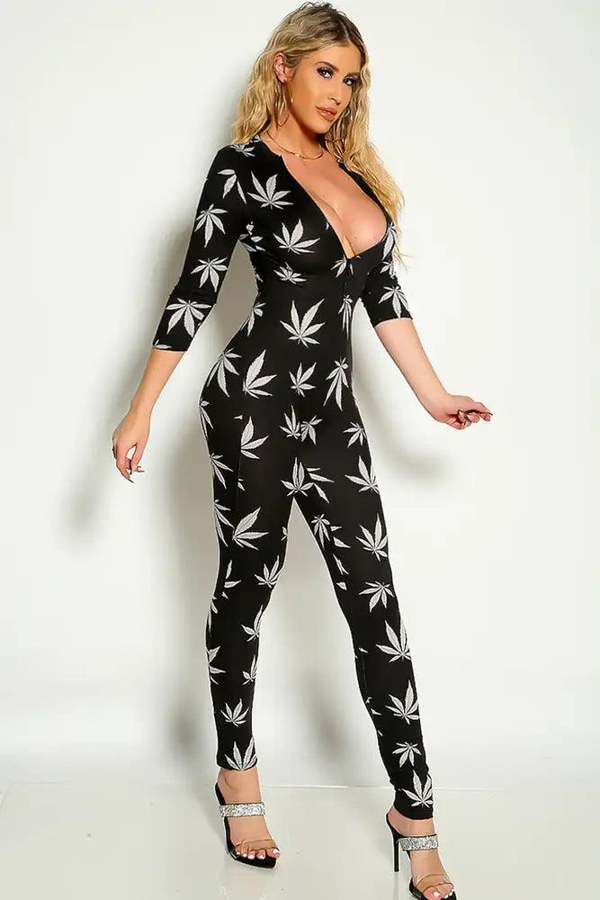 Black White Herbal Leaf Long Sleeve Front Zipper Jumpsuit - AMIClubwear