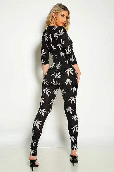 Black White Herbal Leaf Long Sleeve Front Zipper Jumpsuit - AMIClubwear