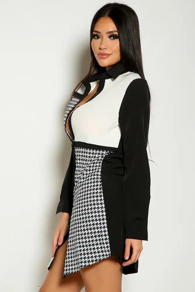Black White Houndstooth PRint Long Sleeve Button Up Shirt Dress - AMIClubwear