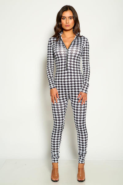 Black White Houndstooth Print Long Sleeve Jumpsuit - AMIClubwear