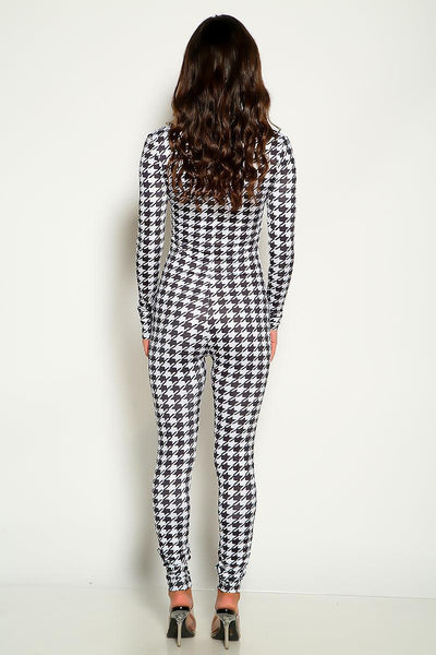 Black White Houndstooth Print Long Sleeve Jumpsuit - AMIClubwear