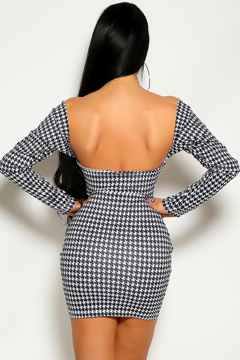 Black White Houndstooth Print Long Sleeve Party Dress - AMIClubwear