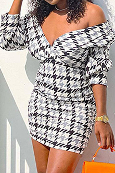 Black White Houndstooth Print Long Sleeves Sexy Party Dress - AMIClubwear