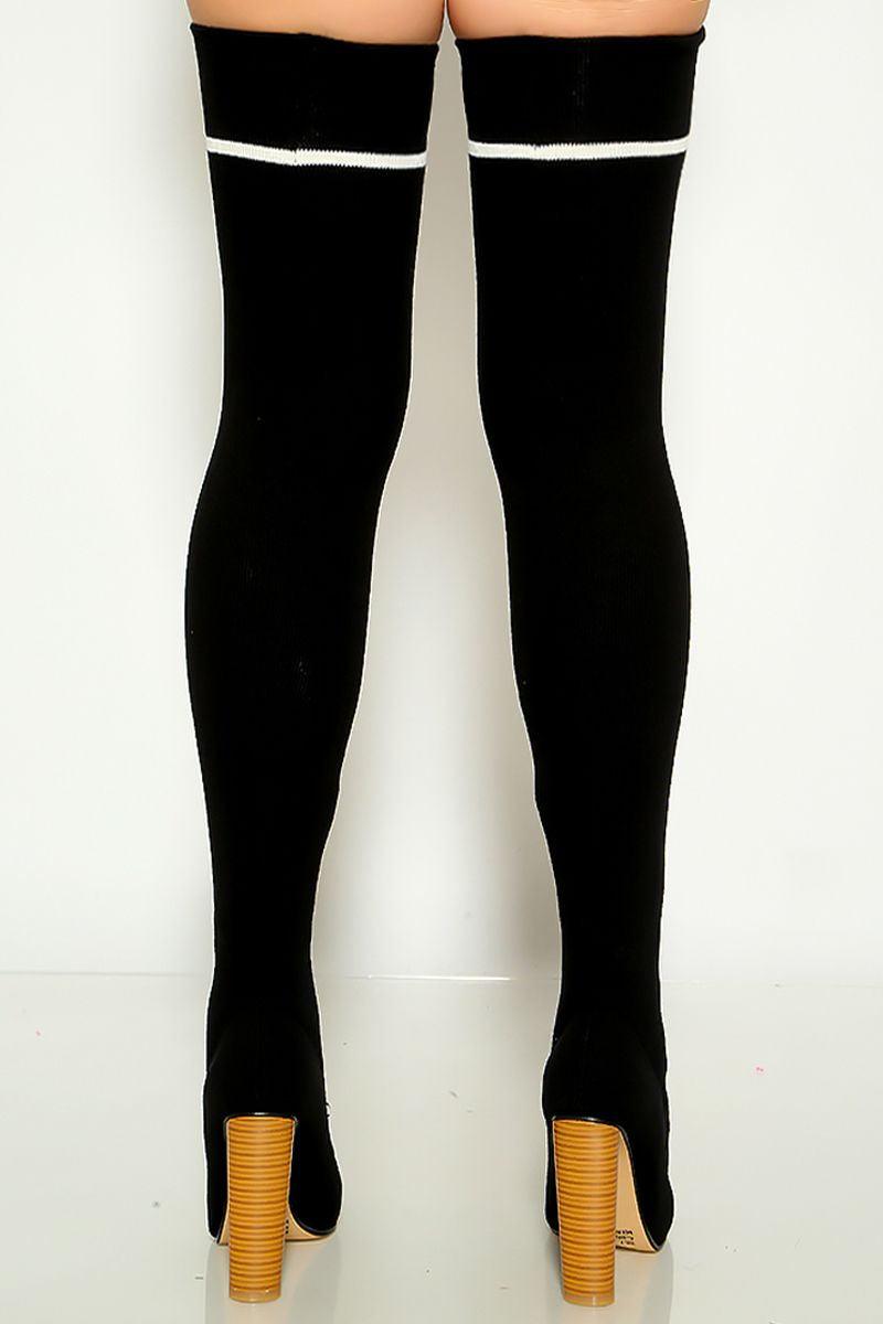 Black White Knit Stretchy Chunky Heel Thigh High Boots - AMIClubwear