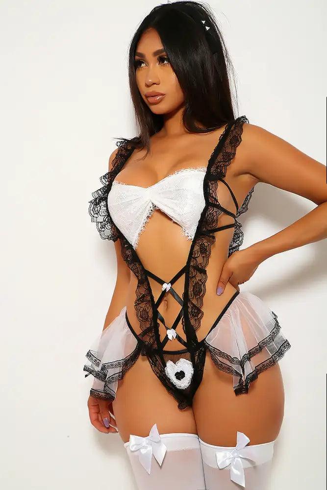 Black White Lace Embroidered Maid 3 Piece Costume AMIClubwear Black White Lace Embroidered Maid 3 Piece Costume AMIClubwear