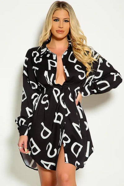 Black White Lettering Print Long Sleeve Button Up Dress - AMIClubwear