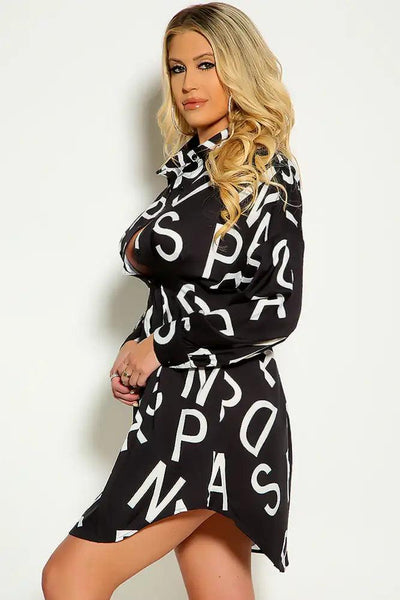 Black White Lettering Print Long Sleeve Button Up Dress - AMIClubwear