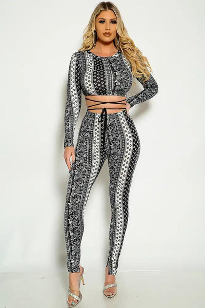 Black White Long Sleeve Cropped Strappy Wrap Around Two Piece Outfit - AMIClubwear