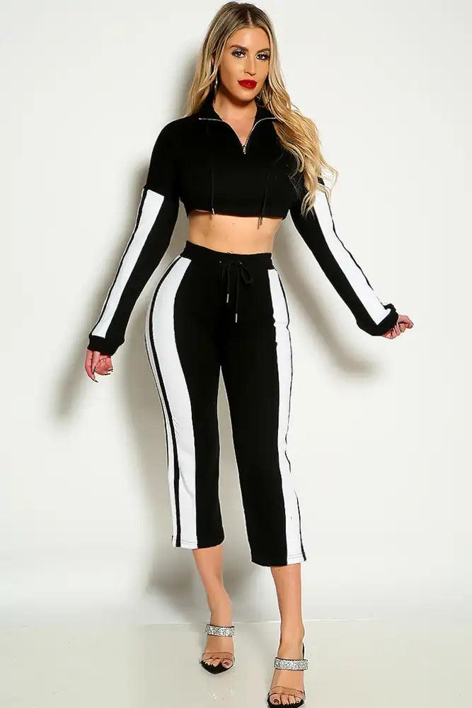 Black White Long Sleeve Cropped Two Piece Loungewear - AMIClubwear