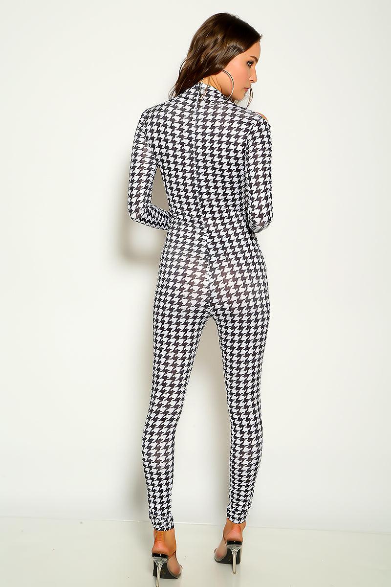 Black White Long Sleeve Cut Out Jumpsuit - AMIClubwear
