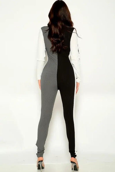 Black White Long Sleeve Front Zipper Jumpsuit - AMIClubwear