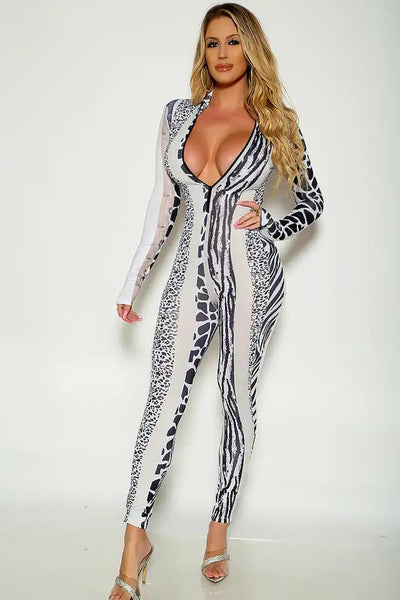 Black White Long Sleeve Graphic Print Jump Suit - AMIClubwear