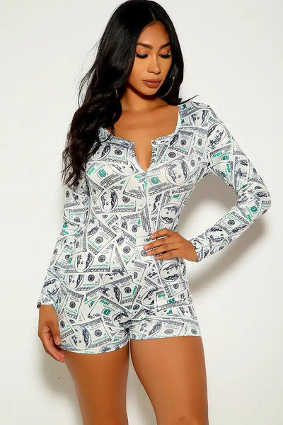 Black White Long Sleeve Money Print Romper - AMIClubwear