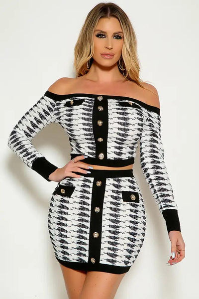 Black White Long Sleeve Off The Shoulder Gold Button Accent Two Piece Dress - AMIClubwear