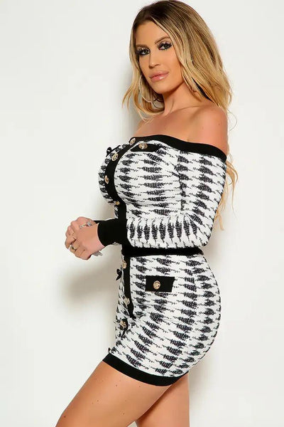 Black White Long Sleeve Off The Shoulder Gold Button Accent Two Piece Dress - AMIClubwear