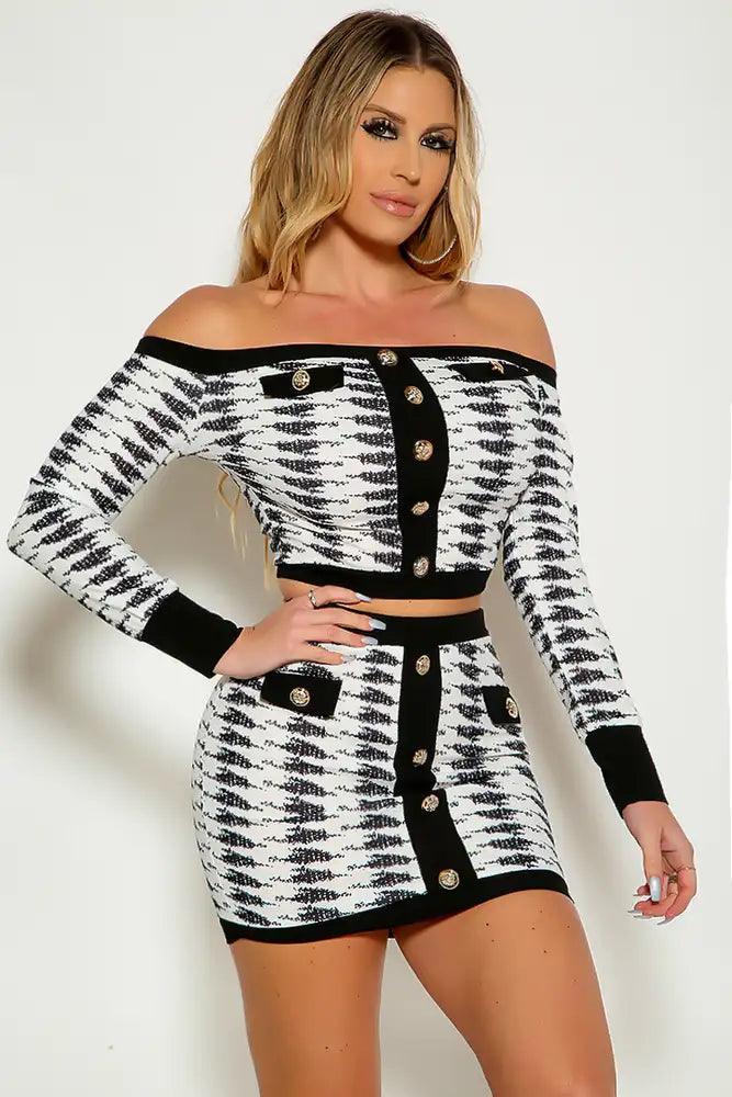 Black White Long Sleeve Off The Shoulder Gold Button Accent Two Piece Dress - AMIClubwear