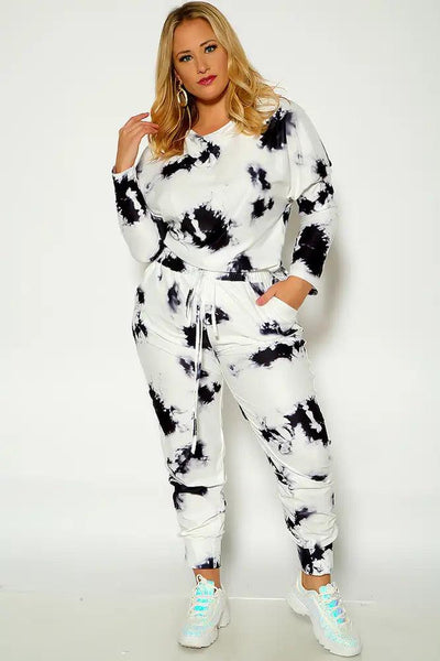 Black White Long Sleeve Tie Dye Plus Size Two Piece Outfit - AMIClubwear