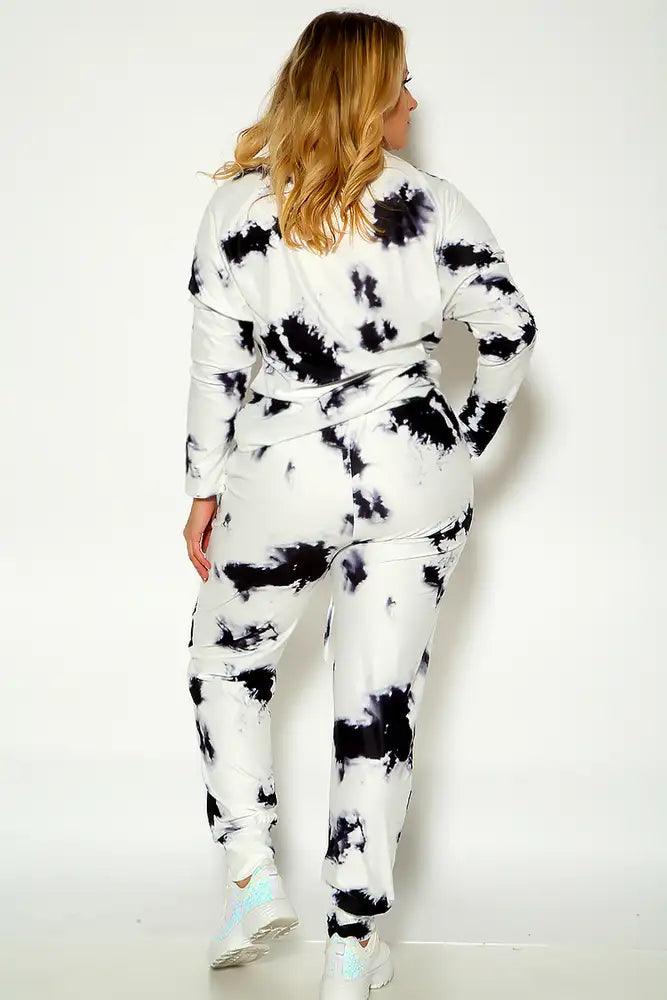 Black White Long Sleeve Tie Dye Plus Size Two Piece Outfit - AMIClubwear