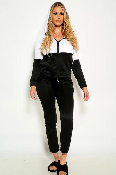 Black White Long sleeve Zipper Hooded Cozy Lounge Wear Two Piece Outfit - AMIClubwear