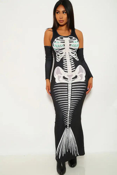 Black White Mermaid Skeleton Print Two Piece Costume - AMIClubwear