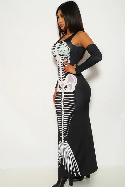 Black White Mermaid Skeleton Print Two Piece Costume - AMIClubwear