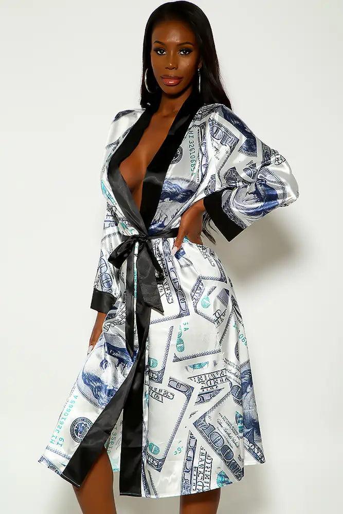 Black White Money Print Belted Faux Satin Robe - AMIClubwear