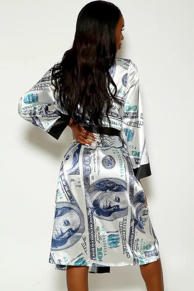 Black White Money Print Belted Faux Satin Robe - AMIClubwear