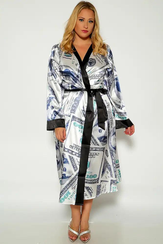 Black White Money Print Belyed Faux Satin Plus Size Robe - AMIClubwear