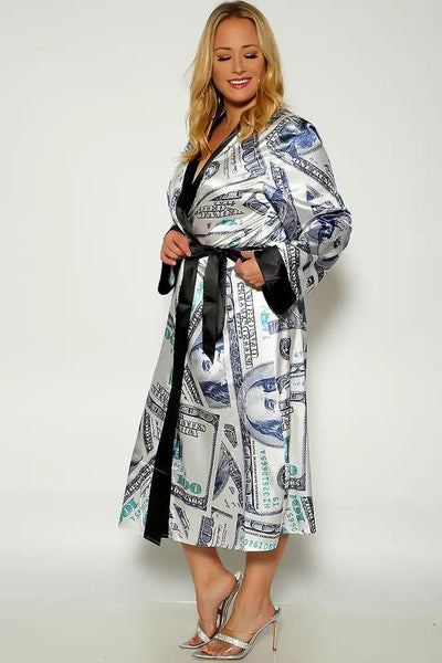 Black White Money Print Belyed Faux Satin Plus Size Robe - AMIClubwear