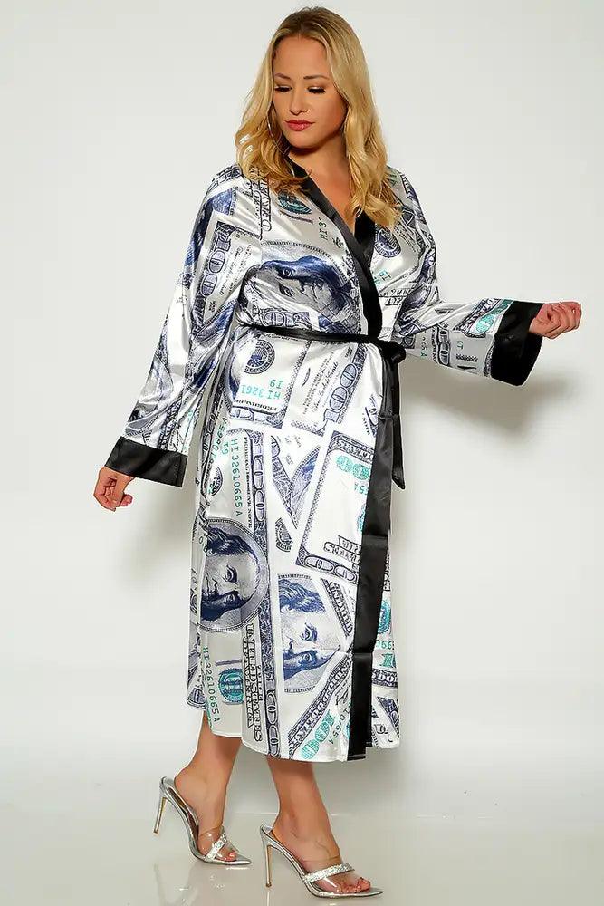 Black White Money Print Belyed Faux Satin Plus Size Robe - AMIClubwear