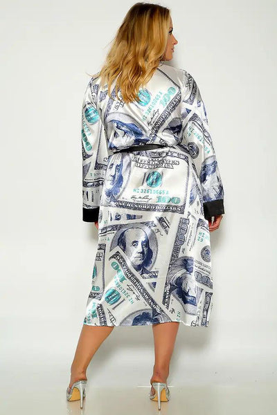 Black White Money Print Belyed Faux Satin Plus Size Robe - AMIClubwear