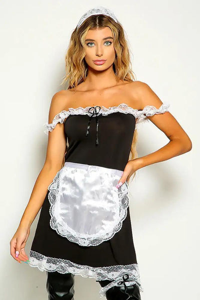 Black White Off The Shoulder Mesh Three Piece Maid Costume - AMIClubwear