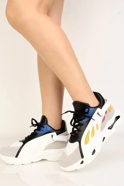 Black White Platform Lace Up Sneakers - AMIClubwear