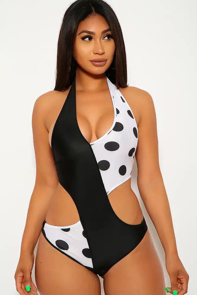 Black White Polka Dot One Piece Swimsuit - AMIClubwear