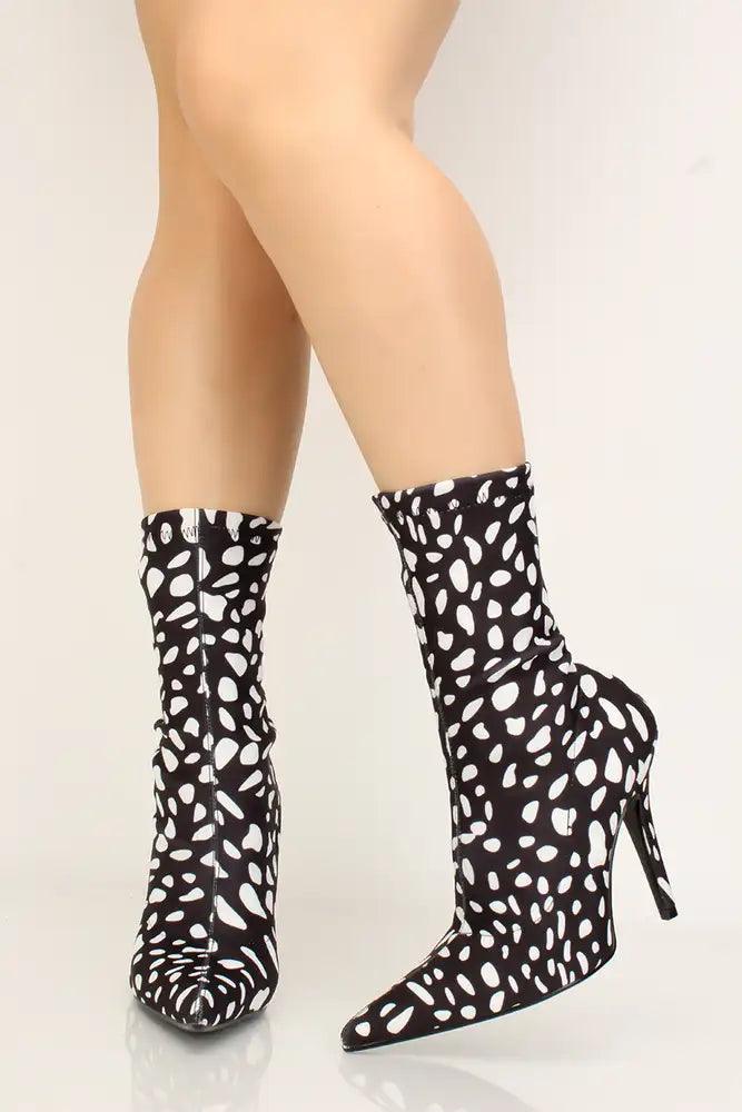 Black White Printed Pointy Toe Mid Calf Heel Booties - AMIClubwear