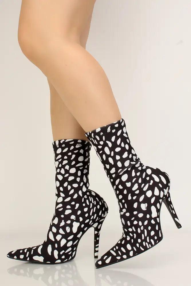 Black White Printed Pointy Toe Mid Calf Heel Booties - AMIClubwear