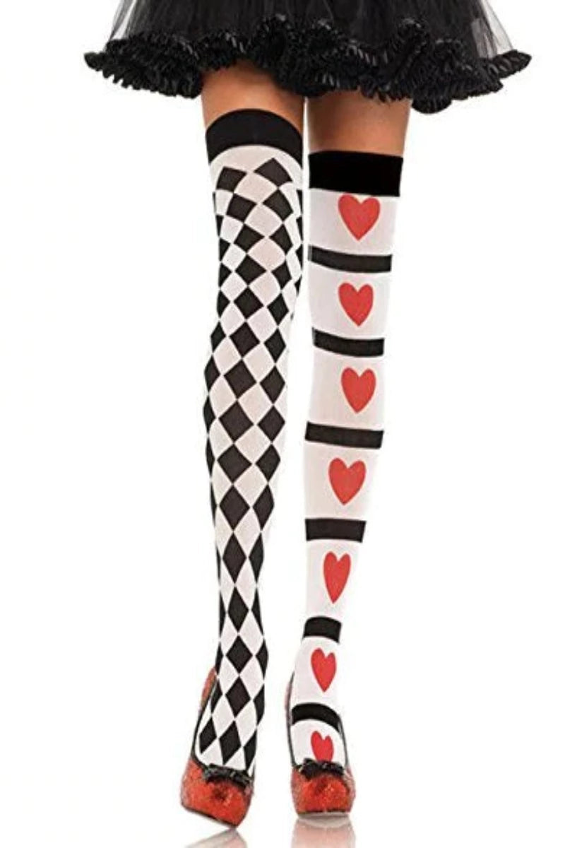 Black White Red Harlequin Heart Print Thigh Highs Amiclubwear