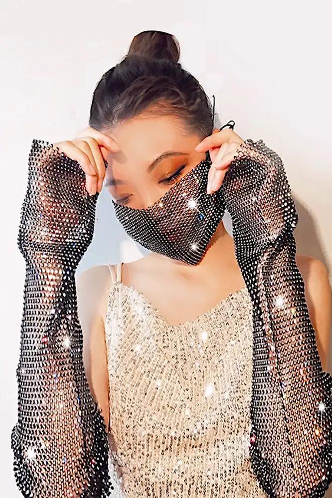 Black White Rhinestone Mesh Finger Less Gloves - AMIClubwear