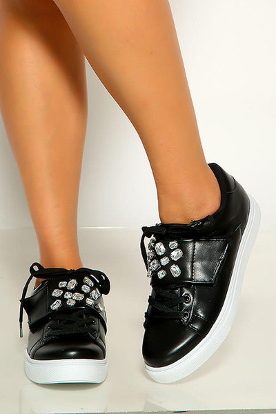 Black White Rhinestones Accent Lace Up Sneakers - AMIClubwear