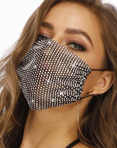 Black White Rhinestones Face Mask - AMIClubwear