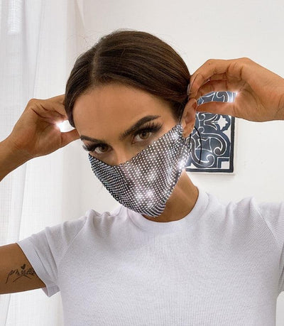 Black White Rhinestones Face Mask - AMIClubwear