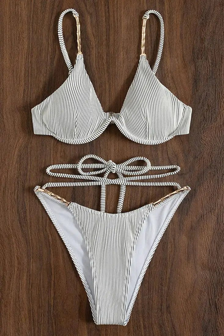 Black White Rib Chain Linked Lace Up Underwire Bikini Swimsuit