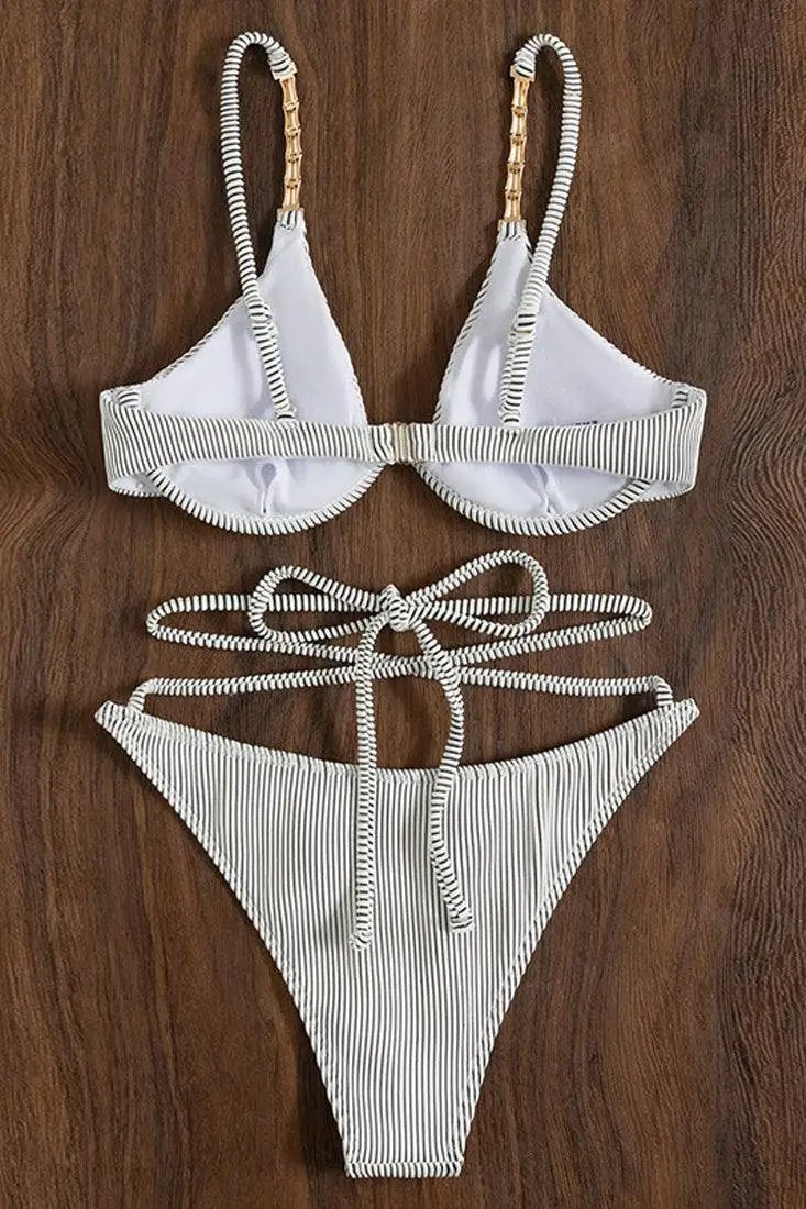 Black White Rib Chain Linked Lace Up Underwire Bikini Swimsuit