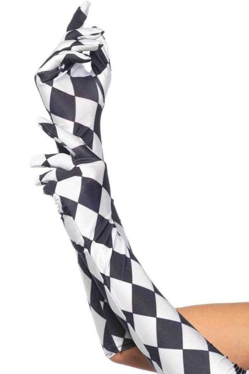 Black White Satin Harlequin Elbow Length Gloves - AMIClubwear