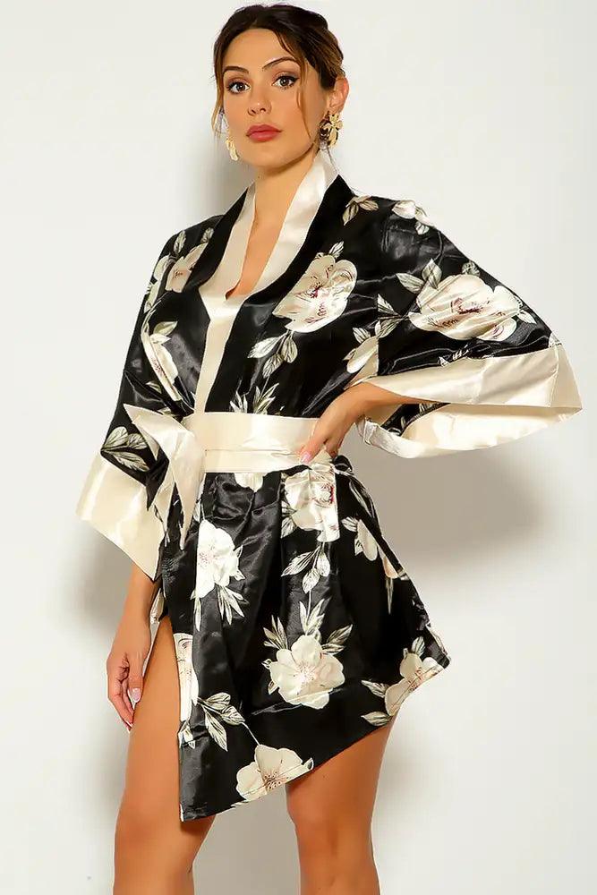Black White Sexy Floral Print Traditional Japanese Kimono 3pc Sexy Costume - AMIClubwear