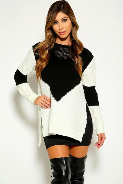 Black White Side Slit Knitted Sweater - AMIClubwear