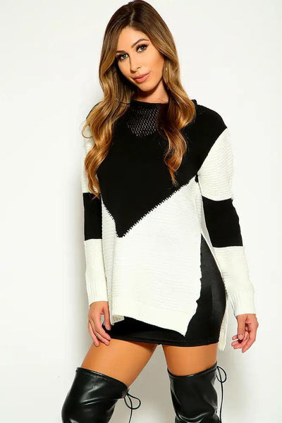 Black White Side Slit Knitted Sweater - AMIClubwear