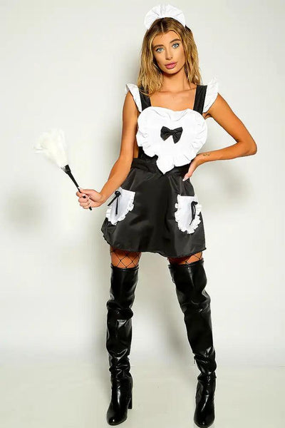 Black White Sleeveless Apron Style Maid Two Piece Costume - AMIClubwear